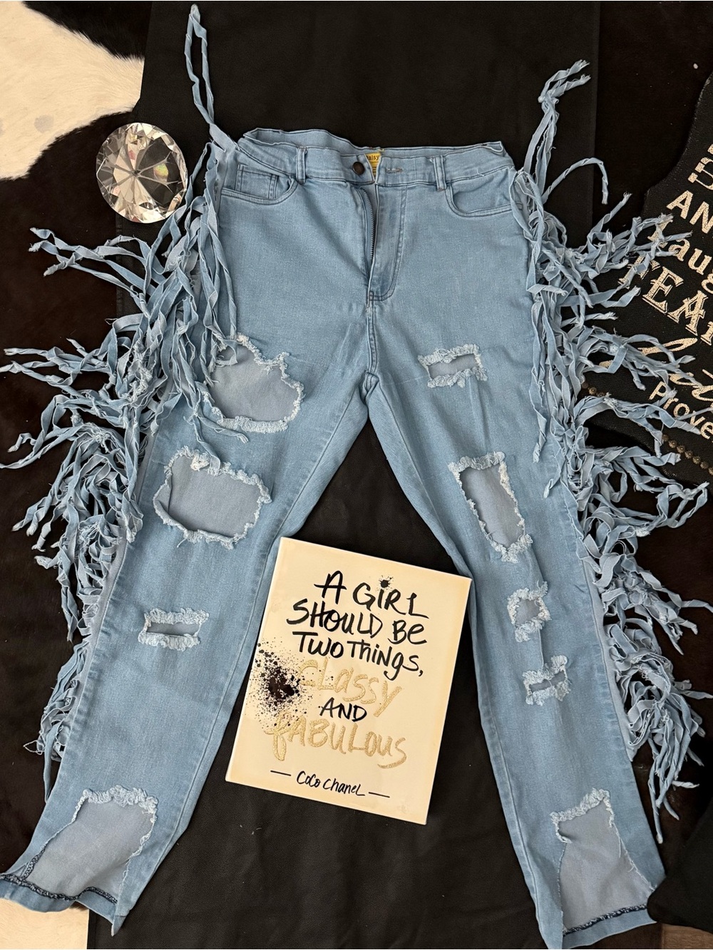 Daisy Light Blue Distressed Skinny Jeans with Fringe